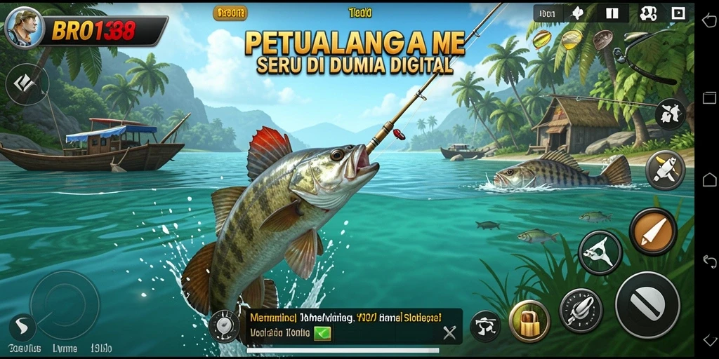 Tampilan gameplay <strong>BRO138</strong> yang menarik saat memancing di lokasi indah.