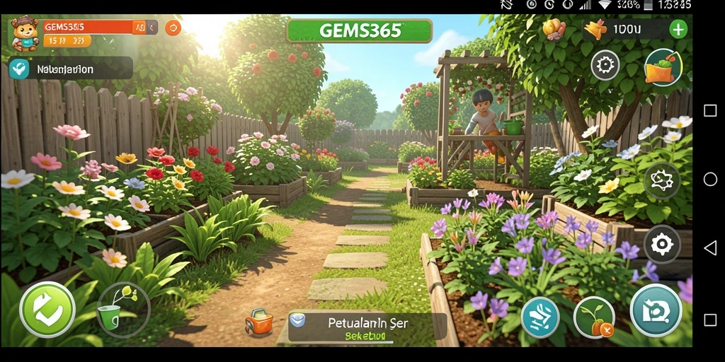 Tangkapan layar GEMS365 menampilkan pemain yang sedang berkebun dengan berbagai tanaman.